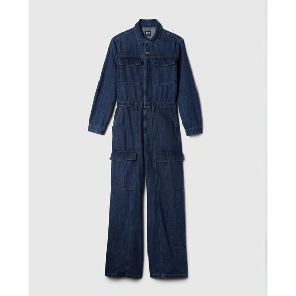 New Gap Jumpsuit Denim Cargo Wide Leg Size 10 Dark Blue Long Sleeve Full Zip NWT - Picture 5 of 16